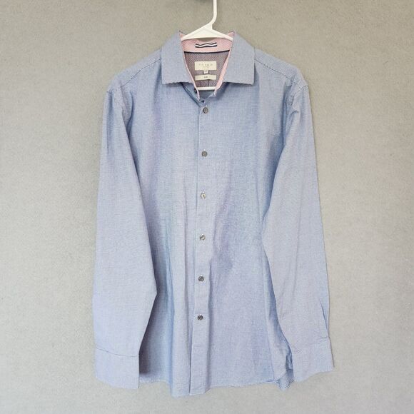 Ted Baker London Shirt Mens 16.5 Slim Blue Houndstooth Button Up L/S Flip Cuff - Picture 2 of 12